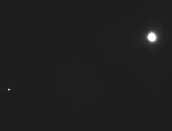Earth-Moon (lower left) and asteroid Bennu (upper right) (December 2018)