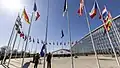The flag of Finland is raised at NATO headquarters in Brussels on 4 April 2023.