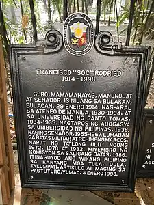 NHCP historical marker dedicated to Soc Rodrigo, pictured at the NHCP headquarters in Manila. This marker is now located at the Rodrigo ancestral house in Bulakan, Bulacan.