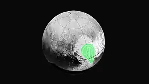Carbon monoxide ice on Pluto (green) is concentrated in Sputnik Planitia.(14 July 2015).