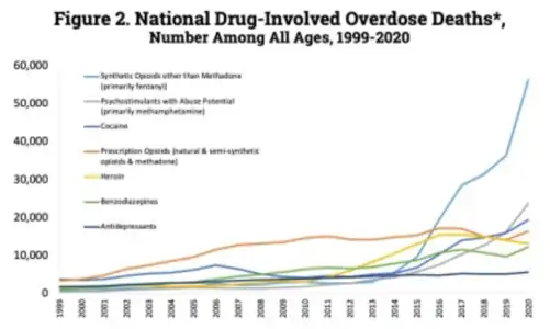 US yearly deaths by drug category.