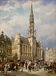 Brussels' Town Hall and the Sunday market, Cornelis Christiaan Dommersen, 1887