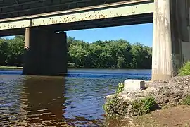 Looking north under the Interstate 84 bridge and along the Delaware River toward Matamoras, Pennsylvania