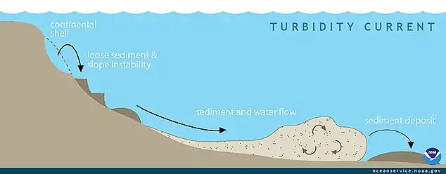 Continental margins can experience slope failures triggered by earthquakes or other geological disturbances. These can result in turbidity currents as turbid water dense with suspended sediment rushes down the slope. Chaotic motion within the sediment flow can sustain the turbidity current, and once it reaches the deep abyssal plain it can flow for hundreds of kilometres.