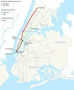 The map shows the IRT Broadway-Seventh Avenue Line in red, the IRT Lexington Avenue Line in green, and IRT 42nd Street Shuttle in grey,.