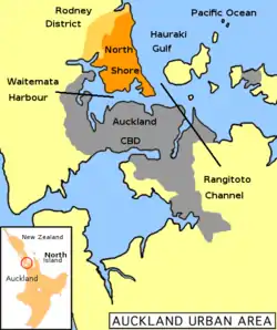 North Shore (in orange) within the Auckland metropolitan area