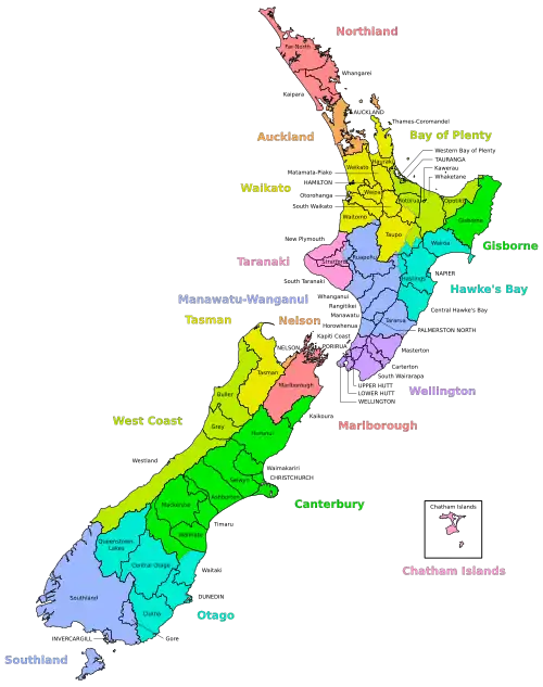 A map of New Zealand divided into regions and territorial authorities with labels