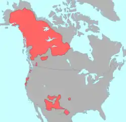 "Map of North America showing in red the pre-contact distribution of Na-Dene languages"