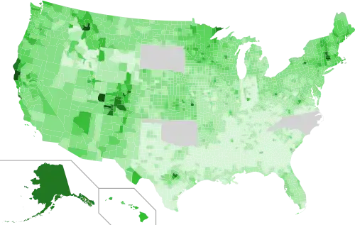 Vote share by county for Green Party candidate Ralph Nader. Darker shades indicate a stronger Green performance.