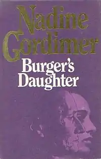 Front cover of the first UK edition of Burger's Daughter showing the author's name and book title, and an illustration of the head of a man partially obscuring the head of a woman