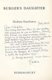 Title page of Burger's Daughter with a hand-written inscription by Nadine Gordimer addressed to Madiba (Nelson Mandela)