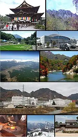From top of left, Zenkoji, Mount Togakushi, Kinasa village, Nagano Big Hat arena, Aerial in Kawanakajima, Oku-Subana Valley, headquarters of Marukome (famous miso manufacturing company) in Nagano, Oyaki Japanese sweets, Togakushi ski resort, and Matsushiro Castle