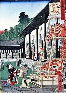 The male shachi of the Nagoya Castle at the exhibition. Shosai's ukiyo-e print.