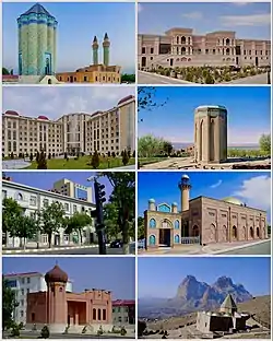 Landmarks of Nakhcivan, from top left:Garabaghlar Mausoleum • Khan PalaceNakhcivan Hospital • Momine KhatunCity Centre • Juma MosqueFeminine Centre • Nakhcivan Mountains