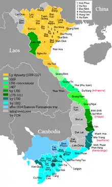 Map of Vietnam showing the conquest of the south (the Nam tiến, 1069-1757).