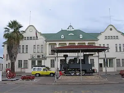 A small steam locomotive, one half of a Zwillinge No 154A., in front of Windhoek Station