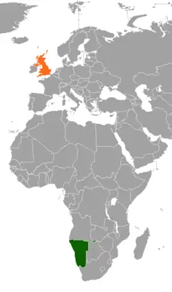 Map indicating locations of Namibia and United Kingdom