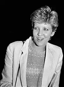 A black and white photograph of Nancy Allen in 1984