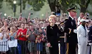 Former First Lady Nancy Reagan on hand at 16th Street and Constitution Avenue to witness the transfer of her husband, Ronald Reagan's casket from hearse to caisson