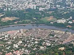 Aerial view Nandanam, north bank of the Adyar River and Kotturpuram to the south.
