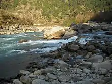 Another view of the confluence of the Nandakini River (foreground) and the Alaknanda River (background) at Nandprayag