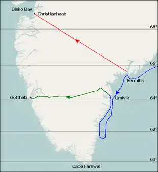 Map of Southern Greenland with traced lines that signify expedition routes