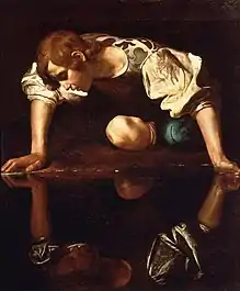 A painting of Narcissus by Italian painter Caravaggio from 1594-96. Narcissus stares at his own reflection in a mirrored pool