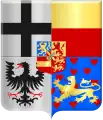 Arms of William VI of Orange as prince of Orange-Nassau-Fulda.  The bottom most shield shows clockwise from top left the principality of Fulda, the lordship of Corvey, the county of Weingarten, and the lordship of Dortmund.