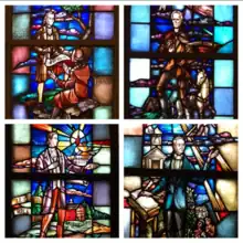 Figures from U.S. Baptist history in the stained glass windows of National Baptist Memorial Church, Washington, D.C. Clockwise from top left: James Madison, John Leland, John Mason Peck, Adoniram Judson, Luther Rice