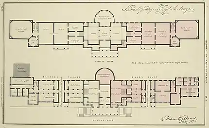 The piano nobile and ground floor of Wilkins's building, before expansion. Note the passageways behind the east and west porticoes. Areas shaded in pink were used by the Royal Academy until 1868.