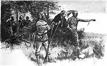 Image 2Native Americans guide French explorers through Indiana as depicted by Maurice Thompson in Stories of Indiana. (from History of Indiana)