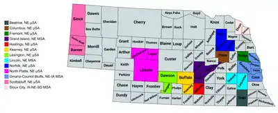 Map of the 13 core-based statistical areas in Nebraska.