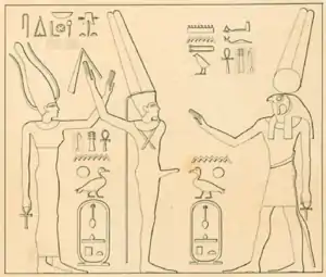 Drawing of a petroglyph in Konosso with the goddess Satis, the ithyphallic god Min, Montu and the cartouche of King Neferhotep I (c. 1747–1736 BC).