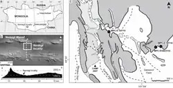 A: Location of Nemegt Basin in southern Mongolia; B: Nemegt Basin is located a few kilometers south of the massif of the same name; C: detail of the Nemegt locality