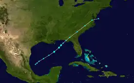 The track of Tropical Storm Nestor. Its track is diagonal, going from the southeast area of the Gulf of Mexico to the coast of the Carolinas.