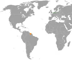 Map indicating locations of Netherlands and Suriname