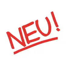 "NEU!" logo, underlined in red, over white background