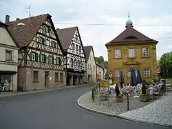 Center of Neunkirchen with timbered houses and the old deanery near St.-Michaels Church (right side of the image)