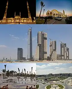 From left to right from top: Al-Fattah Al-Aleem Mosque at night, the Cathedral of the Nativity, skyline of the Administrative Capital showing the Iconic Tower, Green River Park with a mosque in the background, and the new governmental premises.