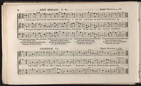 Original long hymnal with shape note music notation of a tune titled "New Britain" set to Newton's first verse, with four subsequent verses printed below. Underneath is another hymn titled "Cookham".