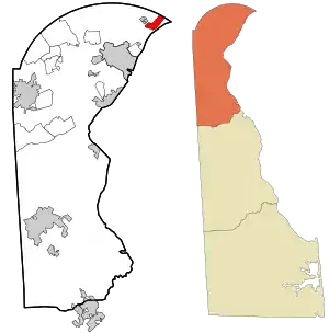Location of Claymong in New Castle County, Delaware (left) and of New Castle County in Delaware (right)