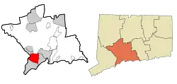 Orange's location within New Haven County and Connecticut