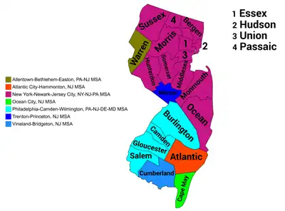 Map of the seven metropolitan statistical areas in New Jersey.