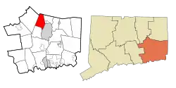 Franklin's location within New London County and Connecticut