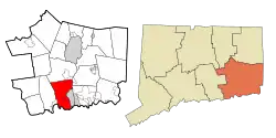 Waterford's location within New London County and Connecticut
