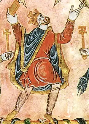 King Edgar, looking up with arms outstretched, dressed in red and blue