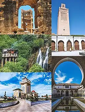 Clockwise from top left:Mansourah Mosque, Great Mosque of Tlemcen, Mechouar Palace, Lalla Setti Park, El-Ourit Waterfalls