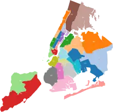 A map of the election districts in New York City with several districts in each borough