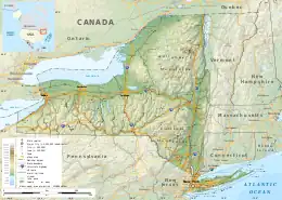 A topographic map of the state of New York, with urban and geographic features marked