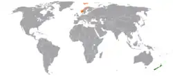 Map indicating locations of New Zealand and Norway